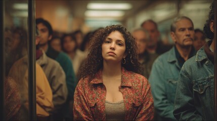 Fototapeta premium Pensive woman with curly hair stands out in a crowded subway car looking thoughtful and isolated conveying urban life and individuality