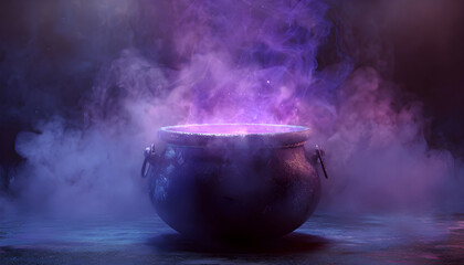 A purple cauldron with smoke and glowing liquid inside, on a halloween background