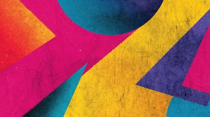 Abstract vibrant shapes in bold colors, texture overlay, geometric design