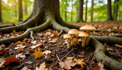 Obraz premium Mushrooms growing by tree roots in autumn forest setting 