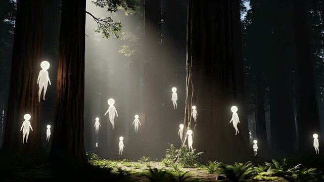 Small, cute glowing forest spirits floating among giant redwood trees with sunbeams shining through.