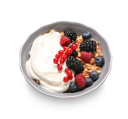 Bowl of tasty granola with yogurt on white background