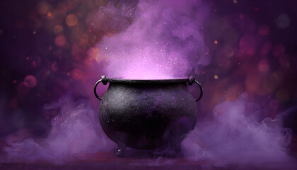 A purple cauldron with smoke and glowing liquid inside, on a halloween background