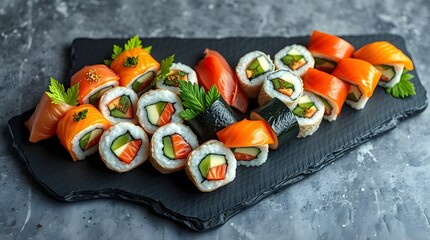 Colorful Sushi Rolls on Black Slate for Food Blogs and Social Media Posts