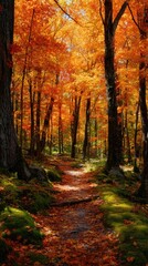 Obraz premium Forest path ablaze with autumnal colors, sunlight filtering through vibrant leaves