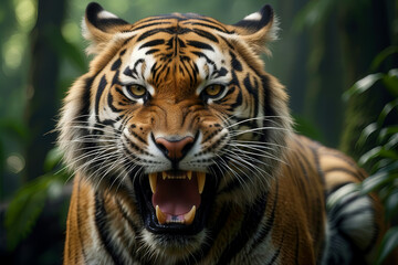Fototapeta premium Extreme close-up of ferocious Tiger Aggression in Forest