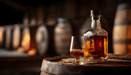 Full liquor bottle sits on wooden barrel next to glass with amber spirit. Warm inviting mood enhances aged whiskey, cognac, or bourbon in distillery cellar with rows of oak aging barrels