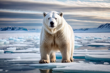 Naklejka premium Front View Picture of a Large Polar Bear Walking on Thin Driftting Ice
