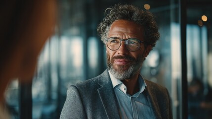 Obraz premium Portrait of a businessman serious expression modern office background professional headshot business person confident man executive manager corporate worker thoughtful gaze pensive mood indoor setting