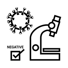 Black and white icon showing a virus symbol, a microscope, and a checkmark box labeled negative, representing lab test results for virus detection.