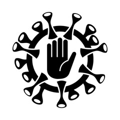 Black and white vector illustration of a virus symbol with a raised hand inside, representing prevention, safety, and stopping infection spread.