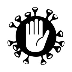 Black and white vector illustration of a virus symbol with a hand gesture inside, representing prevention, protection, and stopping infection.