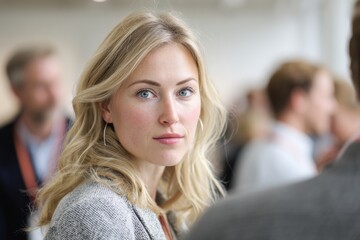 Obraz premium Portrait of young businesswoman serious expression modern office background professional attire corporate headshot