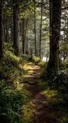 Sunlit forest path through dense, vibrant green foliage. Mossy trail leads to sunlight