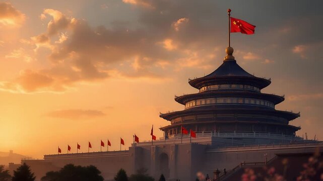Majestic Temple of Heaven with Chinese Flag at Sunset Architectural Wonder of Beijing