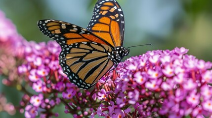 Naklejka premium A beautiful monarch butterfly spreading its colorful wings in a natural environment