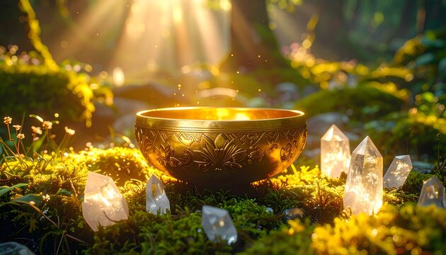 Golden Bowl and Healing Crystals in a Sunlit Forest Setting, Mystical Golden Bowl and Crystals Surrounded by Magical Sunlight - Powered by Adobe