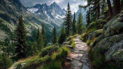 Obraz premium and keyword list based on the imageHiking Trail Winds Through Alpine Mountains to Lake.