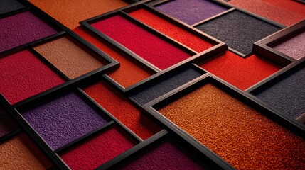 Geometric mosaic of vibrant textures and colors in square frames evoking modern artistry and abstract design