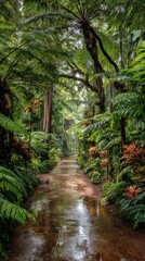 Lush, tropical pathway through verdant forest. Wet stone path amid dense foliage