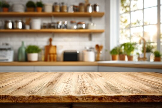 Wooden kitchen table, rustic shelves, sunlight, window