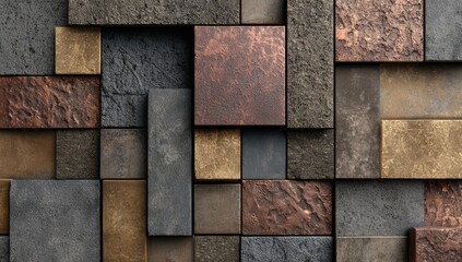 Geometric wall cladding with textured squares and rectangles in various shades of brown, gray, and copper