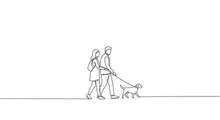 Couple walking dog in line art style on white background concept of vector  