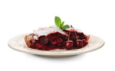 Plate with piece of tasty cherry strudel on white background, closeup