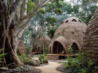 Eco-friendly huts nestled among trees, path leading to unique dome-shaped structures