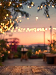 Wooden table background with bokeh lights Romantic sunset scene Outdoor party decoration Warm evening ambiance Blurred background image
