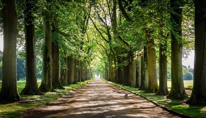 Fototapeta premium A Serene Path Winds Through An Avenue Of Ancient Trees In Cologne S Historic Melaten Cemetery With Soft Dappled Light Filtering Through The Lush Canopy