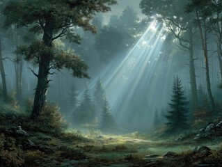 Fototapeta premium and keyword list based on the imageLight Streams Through Forest Trees, Illuminating Foggy Clearing in Woodland.