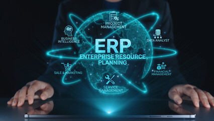 ERP platform visual showing centralized system for enterprise resource planning, improving integration, data flow, business efficiency, finance, inventory, and human resources. Elide