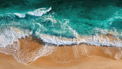 Aerial view Ocean waves crashing on sandy beach at sunset