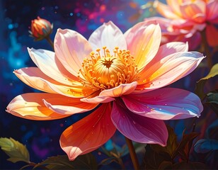 A magnificent, detailed flower, bathed in vibrant hues of orange, pink, and white, with a striking golden center, showcases a breathtaking artistic portrayal of nature's beauty.