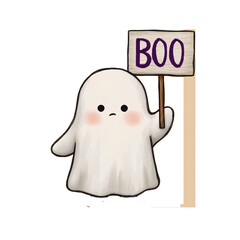 Cute small ghost cartoon character holding a sign Boo