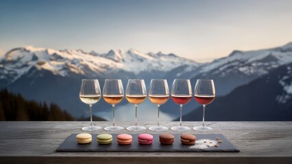 An elegant photo for luxury travel and food brands. A cinematic shot of a wine and macarons tasting for a sophisticated winter celebration campaign in a stunning snowy landscape.