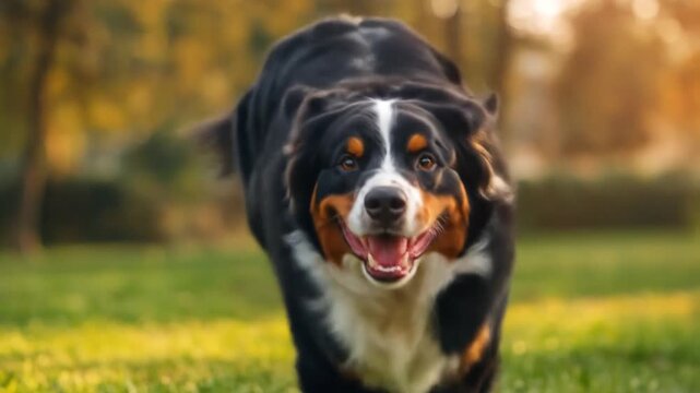 A close-up, eye-level image showcases a running dog with a smiling, open mouth in a park
