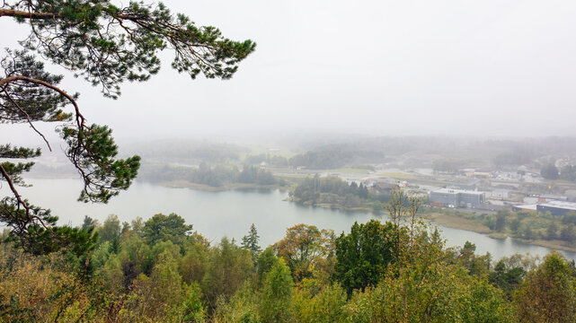 Escape from ordinary appears in this misty autumn view of Norway, where pine branches frame the horizon, fog hides the town, and Nordic calm spreads across the forest and water. - Powered by Adobe