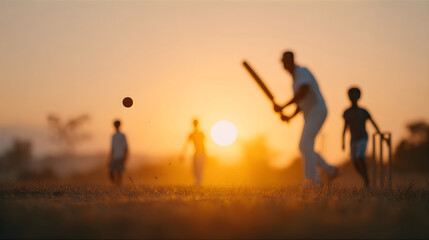 Man playing cricket with children at sunset. Summer sport game. Family leisure and outdoor activity.