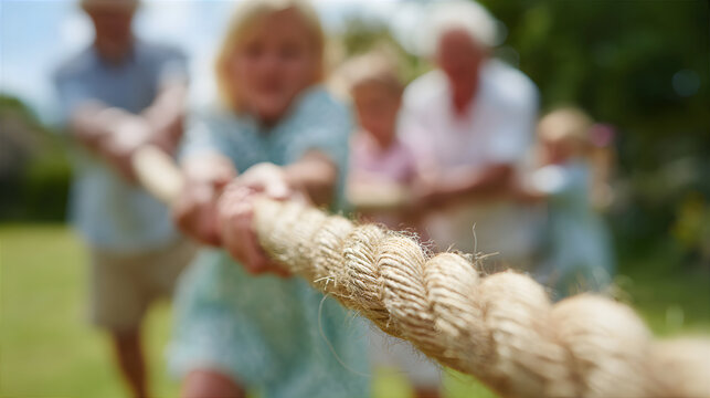 Family, including woman and man, playing tug of war game in garden. Multi-generational group enjoying outdoor activity together during summer gathering.