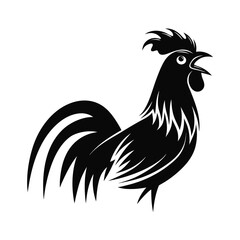 Silhouette of a rooster crowing on a fence at sunrise