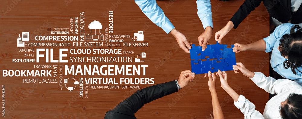 Poster a diverse team of professionals collaborates to organize and manage files in a modern workspace, emp