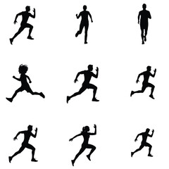 Collection of silhouette runners in various poses showcasing speed and motion for sports fitness and athletic themed designs and illustrations