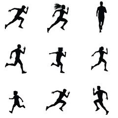 Silhouettes of diverse runners sprinting showcasing speed fitness and athletic competition on a white background perfect for sports and health themes