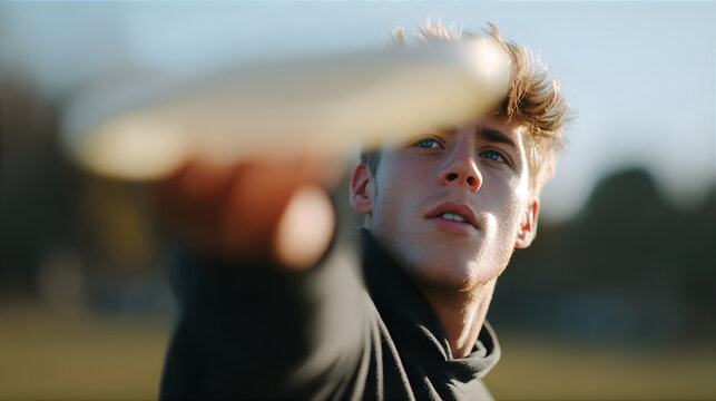 Young man with blue eyes holding a frisbee in front of his face, ready to play. Sporting youth and healthy outdoor lifestyle concept.