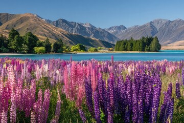 Lush lupine flowers bloom by a tranquil lake, surrounded by mountains.
