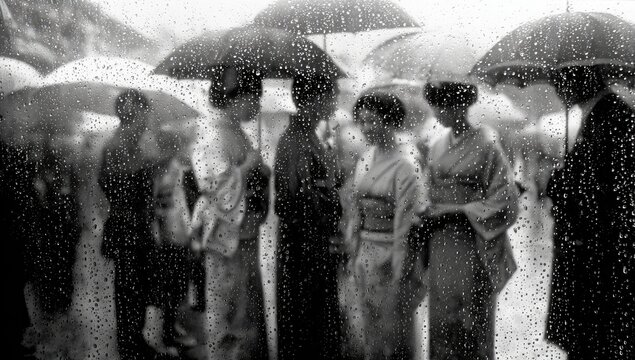 Fototapeta Rainy Day, Japan, Kimono, Crowd, Ceremony, Umbrellas, Black and White,  Vintage, Formal