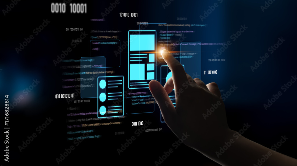 Aufkleber ui ux mockup showing application layout, structure, and code interface. ui design defines user flow,
