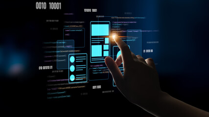 UI UX mockup showing application layout, structure, and code interface. UI design defines user...